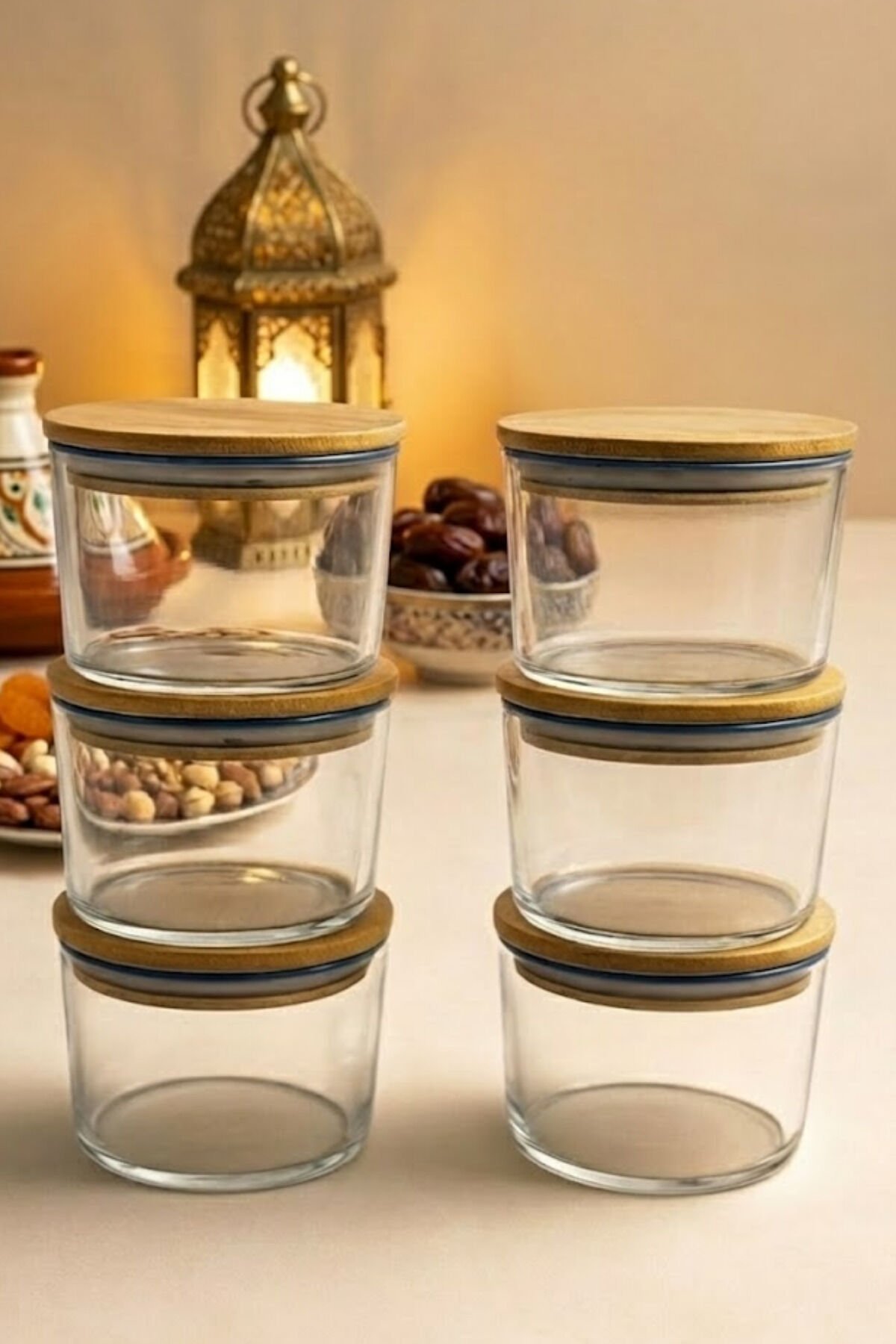 Vetro - 6'lı Bambu Kapaklı Cam Kahvaltılık Kase Mavi Rim 220 cc