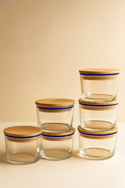 Vetro - 6'lı Bambu Kapaklı Cam Kahvaltılık Kase Lacivert Rim 220 cc