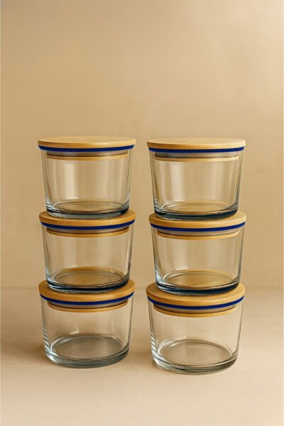 Vetro - 6'lı Bambu Kapaklı Cam Kahvaltılık Kase Lacivert Rim 220 cc