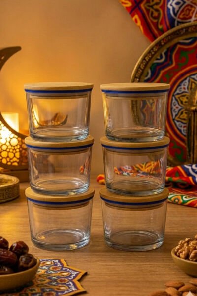 Vetro - 6'lı Bambu Kapaklı Cam Kahvaltılık Kase Lacivert Rim 220 cc