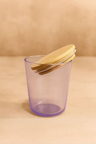 Motto - 6'lı Bambu Vakum Kapaklı Kaşık, Etiket Hediyeli, Mor Cam Saklama Kabı Baharatlık Seti 315 ml