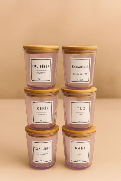 Motto - 6'lı Bambu Vakum Kapaklı Kaşık, Etiket Hediyeli, Mor Cam Saklama Kabı Baharatlık Seti 315 ml