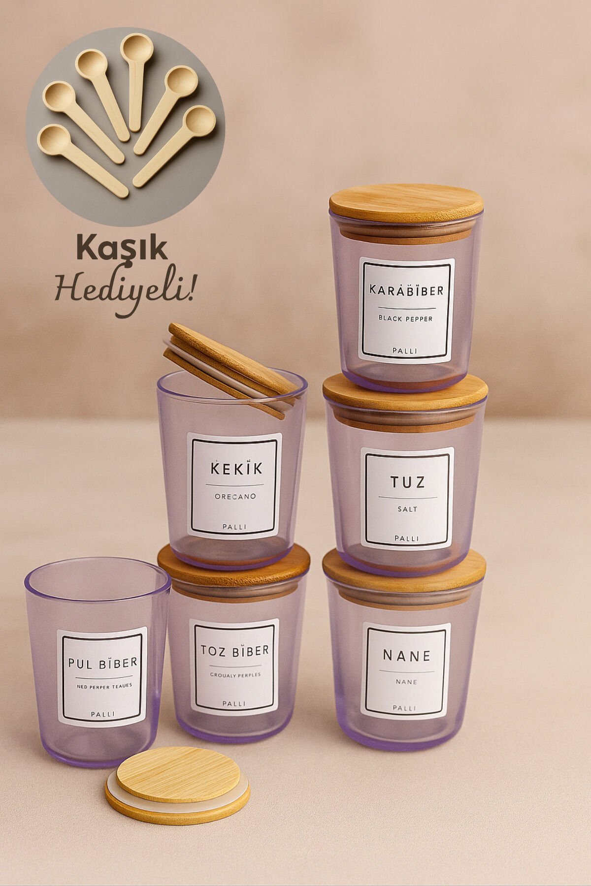 Motto - 6'lı Bambu Vakum Kapaklı Kaşık, Etiket Hediyeli, Mor Cam Saklama Kabı Baharatlık Seti 315 ml