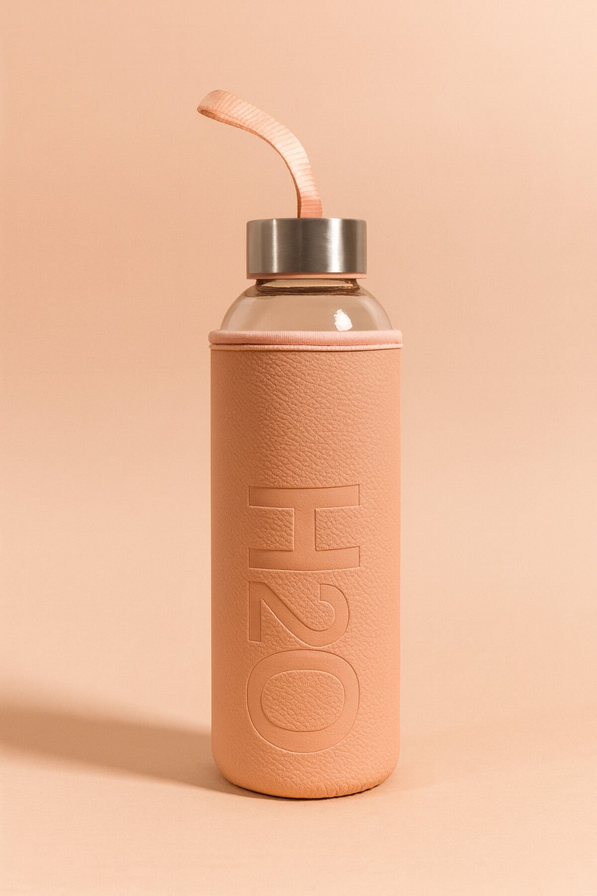 H2O Deri Kılıflı Cam Matara Toz Pembe 500 ml