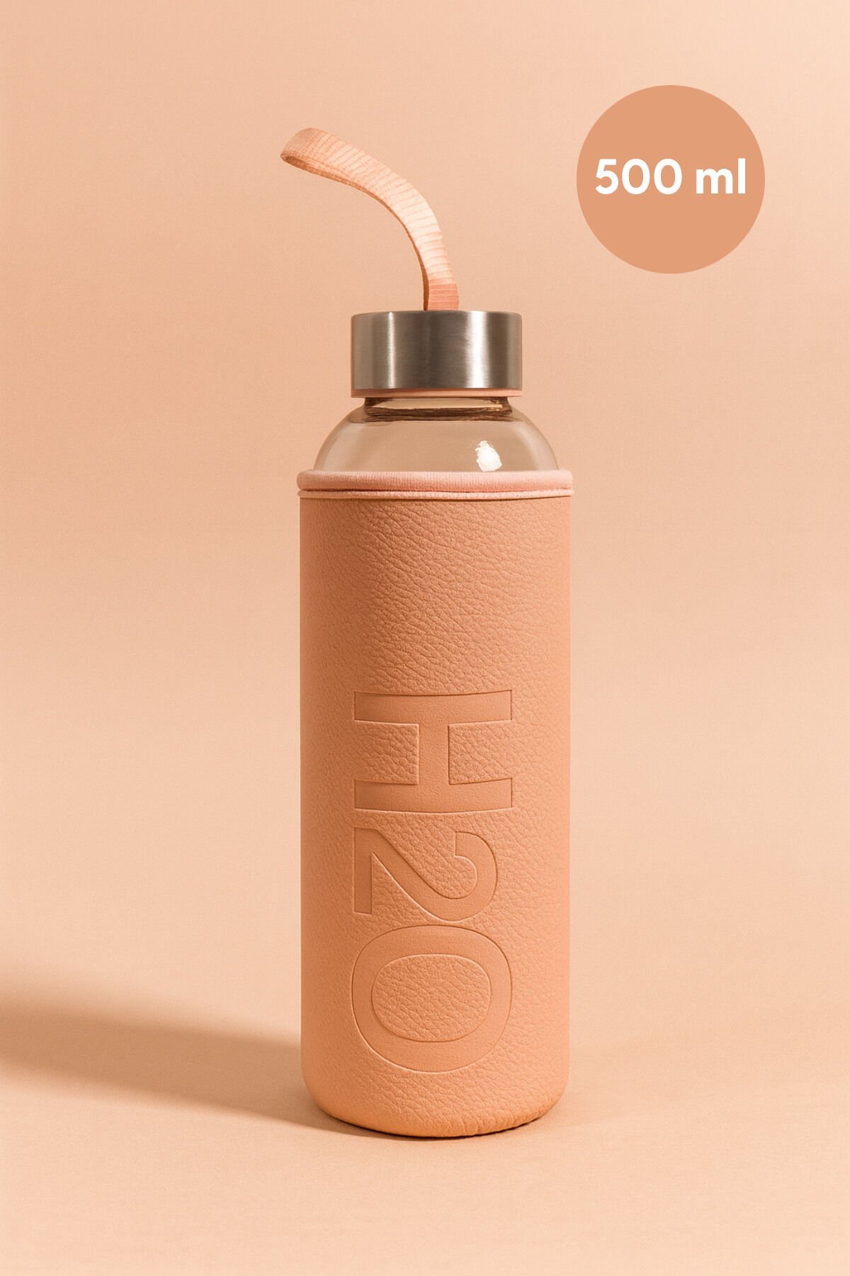 H2O Deri Kılıflı Cam Matara Toz Pembe 500 ml