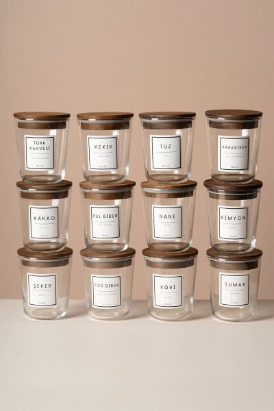 Motto - 12'li Tulip Ağacı Vakum Kapaklı Etiket Hediyeli Cam Saklama Kabı Baharatlık Seti 315 ml