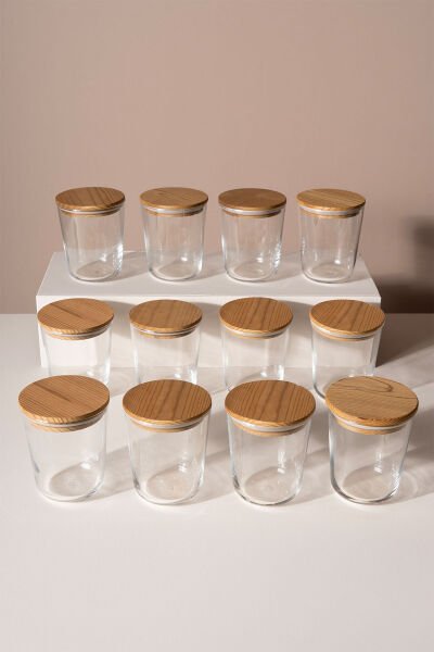 Motto - 12'li Çam Ağacı Vakum Kapaklı Etiket Hediyeli Cam Saklama Kabı Baharatlık Seti 315 ml