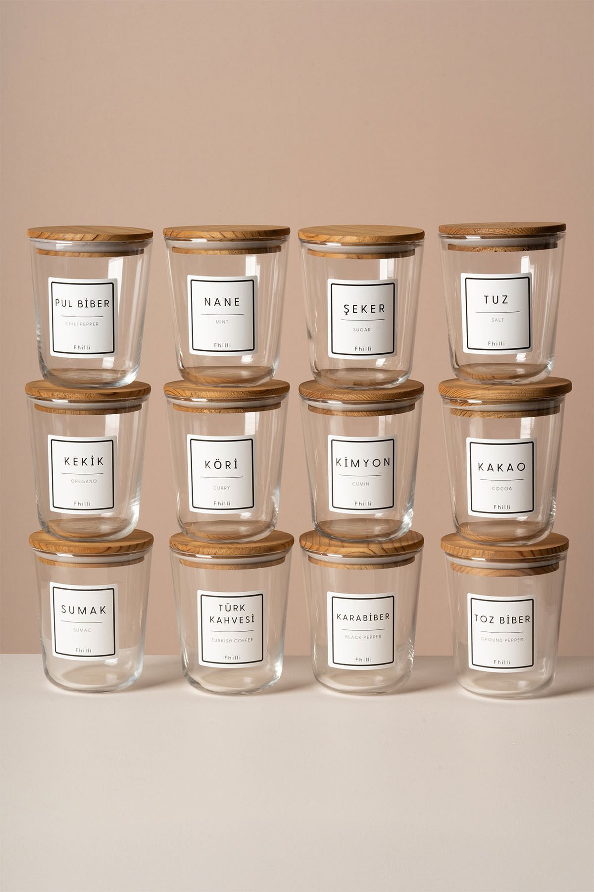 Motto - 12'li Çam Ağacı Vakum Kapaklı Etiket Hediyeli Cam Saklama Kabı Baharatlık Seti 315 ml