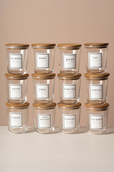 Motto - 12'li Çam Ağacı Vakum Kapaklı Etiket Hediyeli Cam Saklama Kabı Baharatlık Seti 315 ml