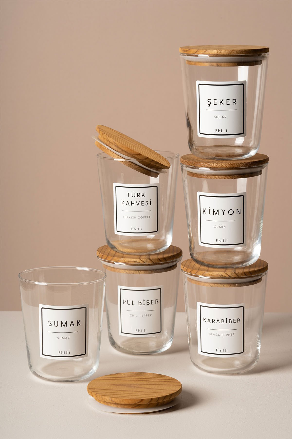 Motto - 6'lı Çam Ağacı Vakum Kapaklı Etiket Hediyeli Cam Saklama Kabı Baharatlık Seti 315 ml