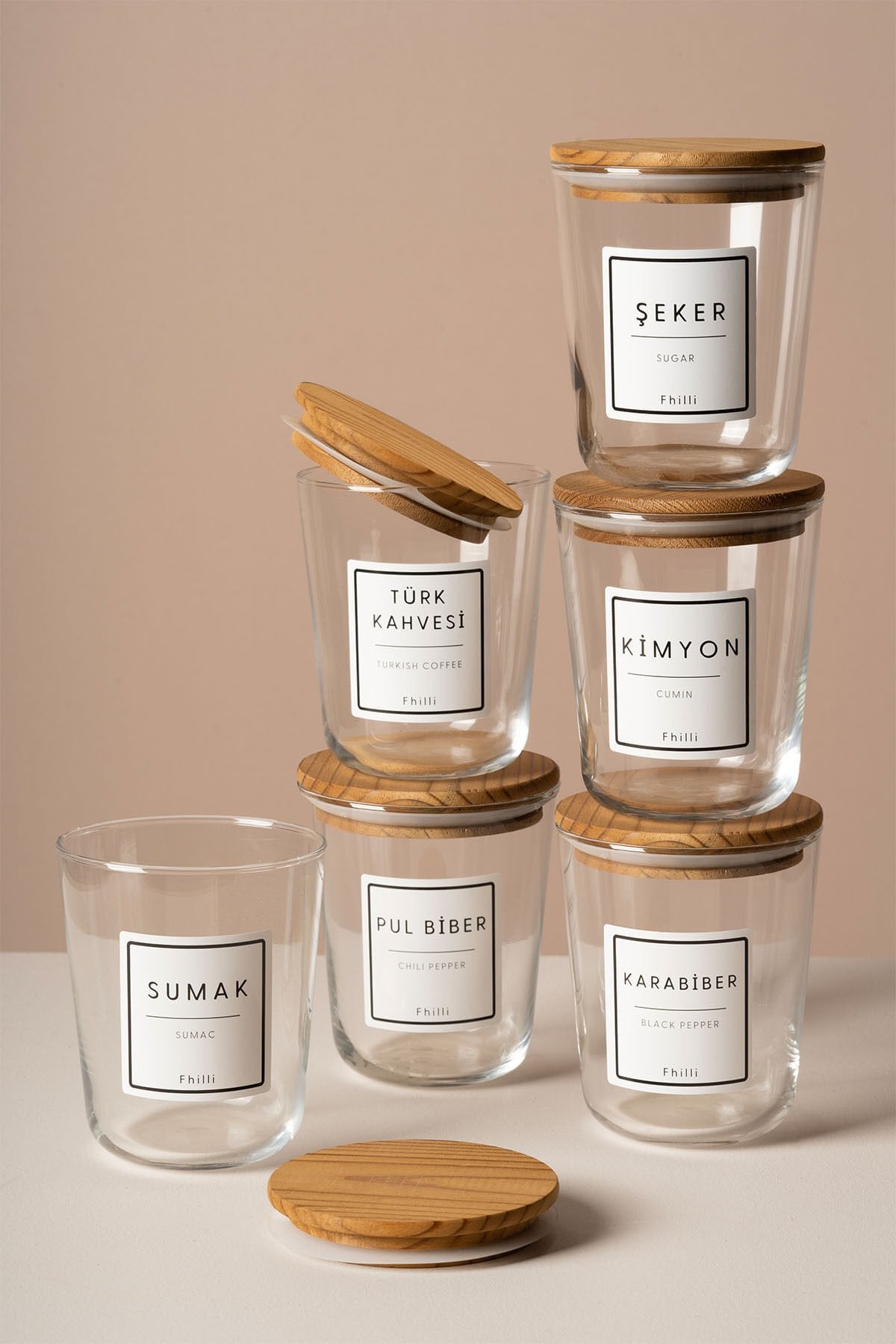 Motto - 6'lı Çam Ağacı Vakum Kapaklı Etiket Hediyeli Cam Saklama Kabı Baharatlık Seti 315 ml