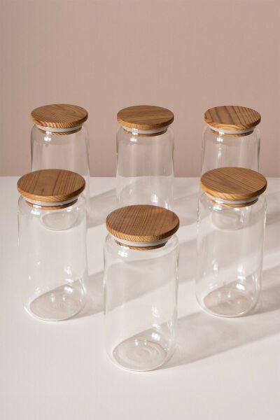 Lizbon - 6'lı Çam Kapaklı Vakumlu Cam Saklama Kabı Baharatlık 420 ml