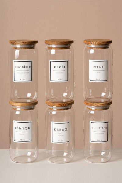 Lizbon - 6'lı Çam Kapaklı Vakumlu Cam Saklama Kabı Baharatlık 420 ml