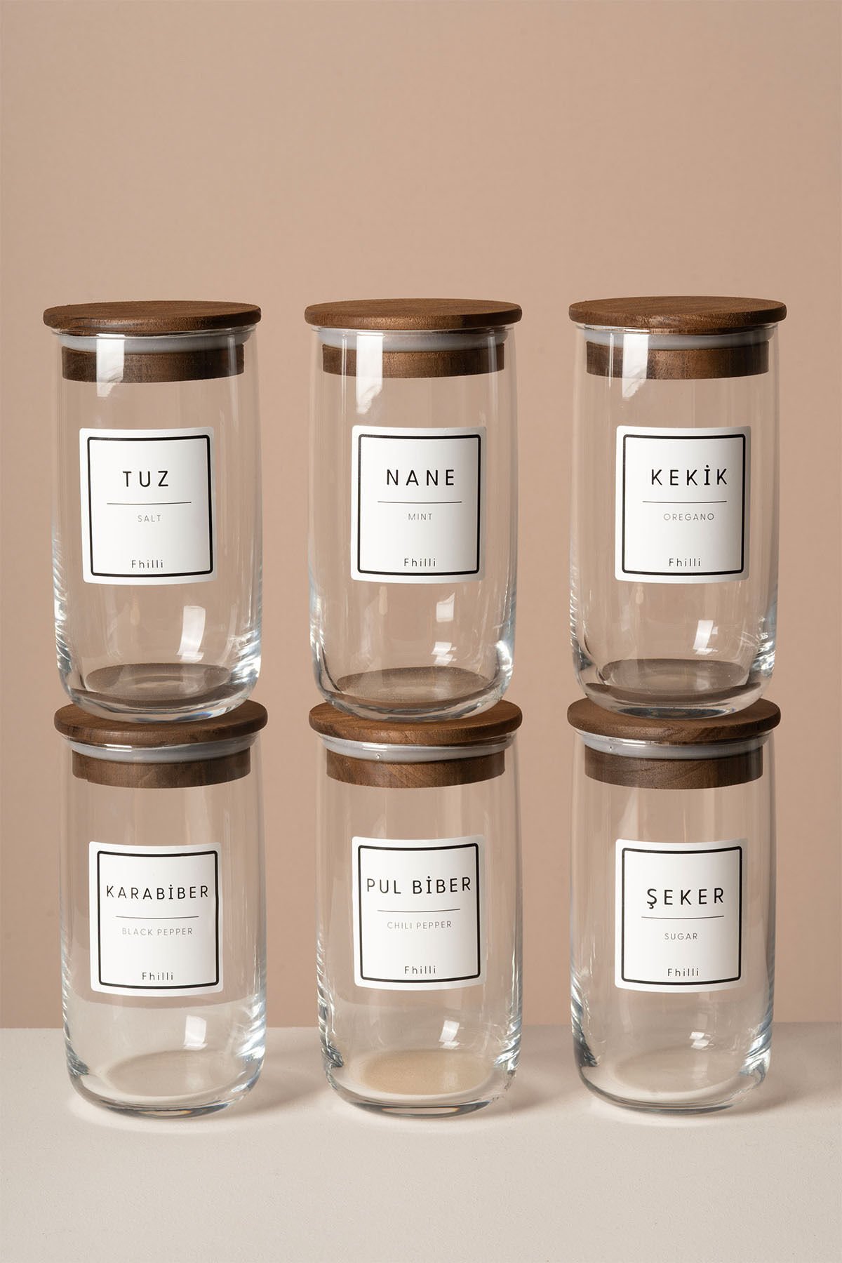 Terra - 6'lı Tulip Ağacı Vakum Kapaklı Etiket Hediyeli Cam Saklama Kabı Baharatlık Seti 365 ml