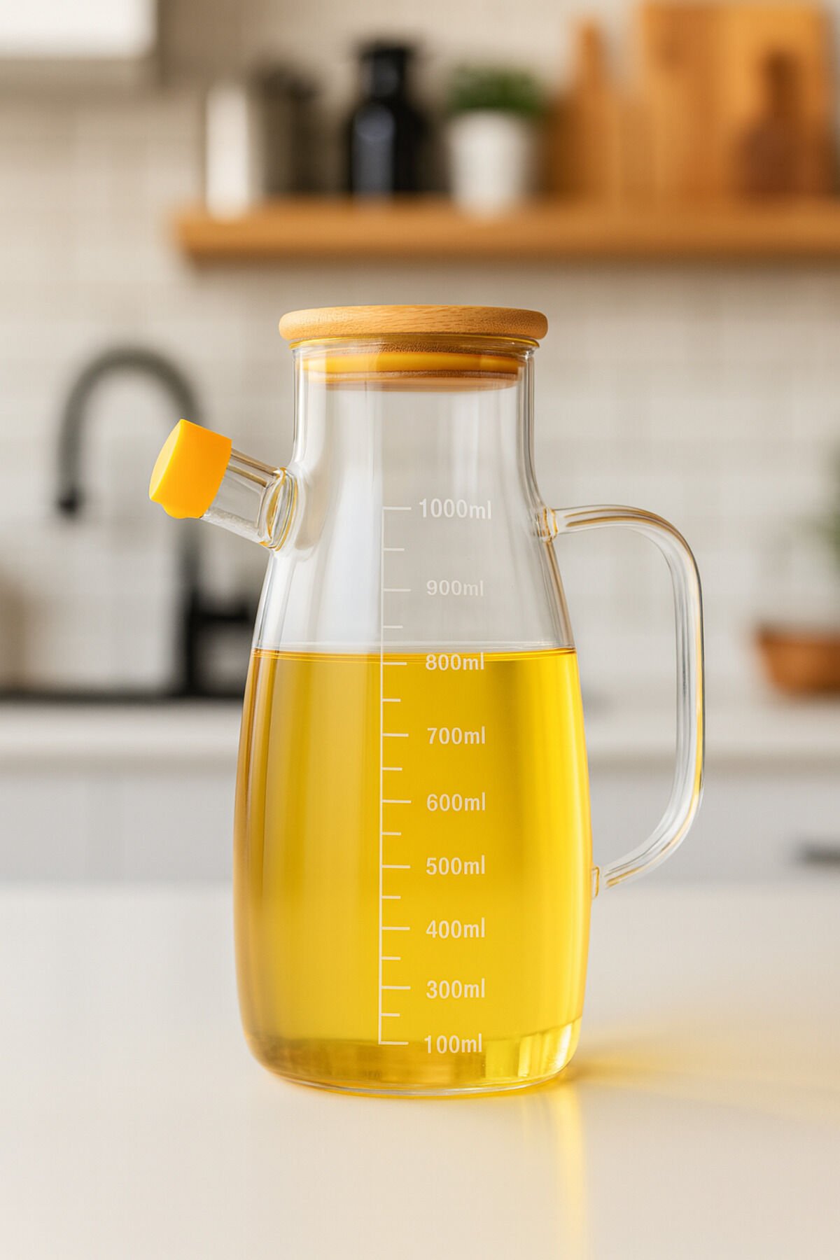 Borosilikat Bambu Kapaklı Cam Yağlık 1000 ml