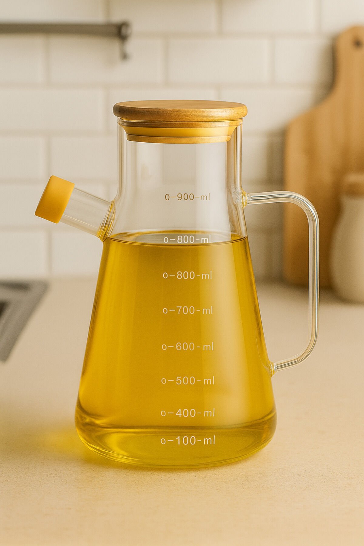 Borosilikat Bambu Kapaklı Cam Yağlık 900 ml