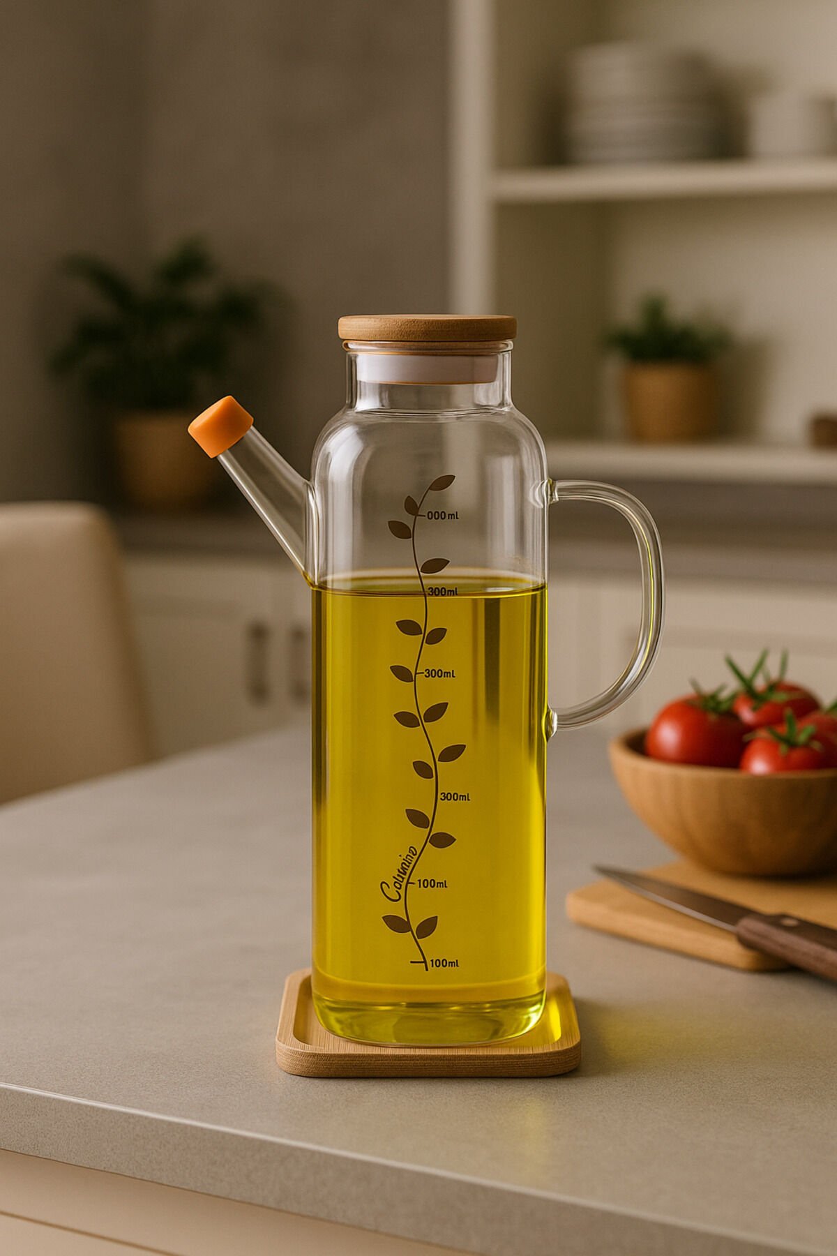 Cambu Bambu Tabaklı ve Bambu Kapaklı Kare Cam Yağlık 1000 ml