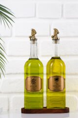 Moss 2'li Ahşap Stantlı Damlatmaz Zeytinyağı Sıvıyağ Şişesi Cam Yağdanlık Seti 1000 Ml