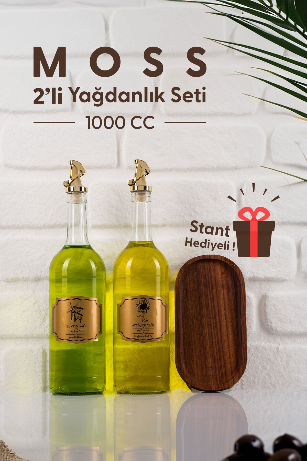 Moss 2'li Ahşap Stantlı Damlatmaz Zeytinyağı Sıvıyağ Şişesi Cam Yağdanlık Seti 1000 Ml