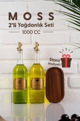 Moss 2'li Ahşap Stantlı Damlatmaz Zeytinyağı Sıvıyağ Şişesi Cam Yağdanlık Seti 1000 Ml