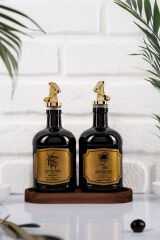 Moss 2'li Ahşap Standlı Damlatmaz Zeytinyağı Sıvıyağ Şişesi Cam Yağdanlık Seti 500 ml Siyah