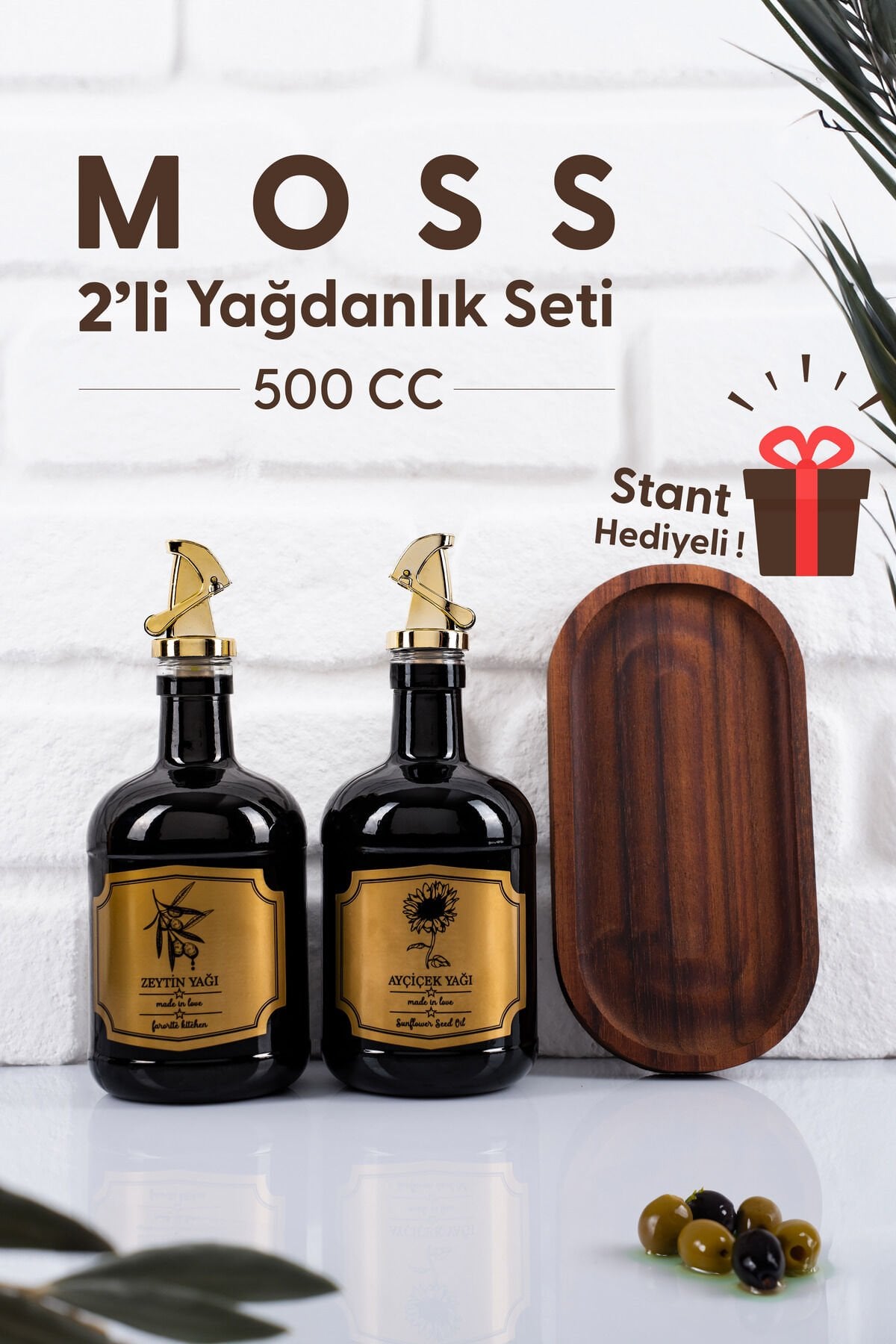 Moss 2'li Ahşap Standlı Damlatmaz Zeytinyağı Sıvıyağ Şişesi Cam Yağdanlık Seti 500 ml Siyah