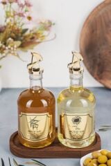 Moss 2'li Ahşap Stantlı Damlatmaz Zeytinyağı Sıvıyağ Şişesi Cam Yağdanlık Seti 500 ml