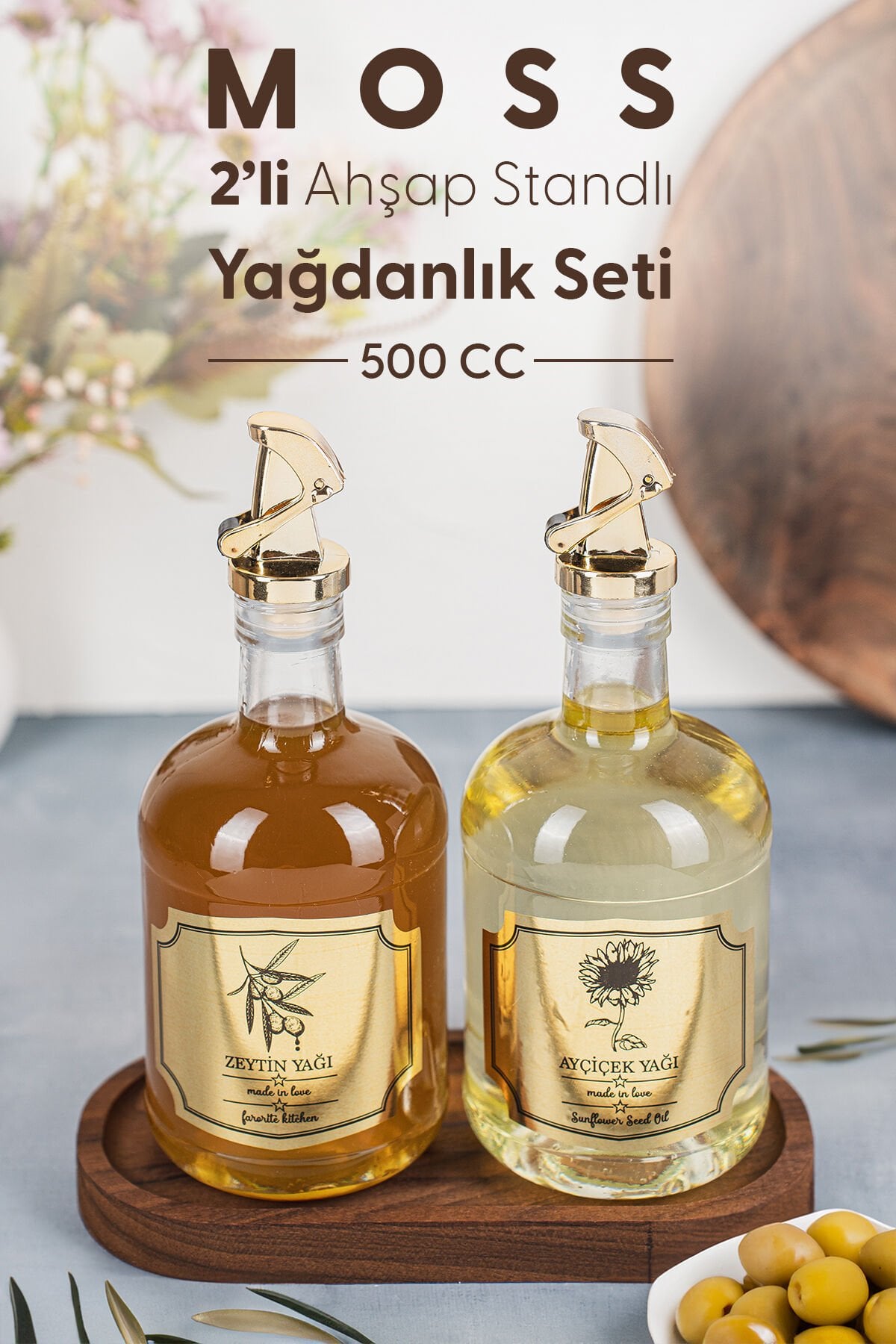 Moss 2'li Ahşap Stantlı Damlatmaz Zeytinyağı Sıvıyağ Şişesi Cam Yağdanlık Seti 500 ml