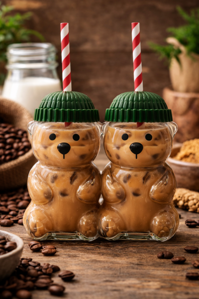 2'li Barista Cam Soğuk İçecek Bardağı Sevimli Ayıcıklı Bardak 550 ml