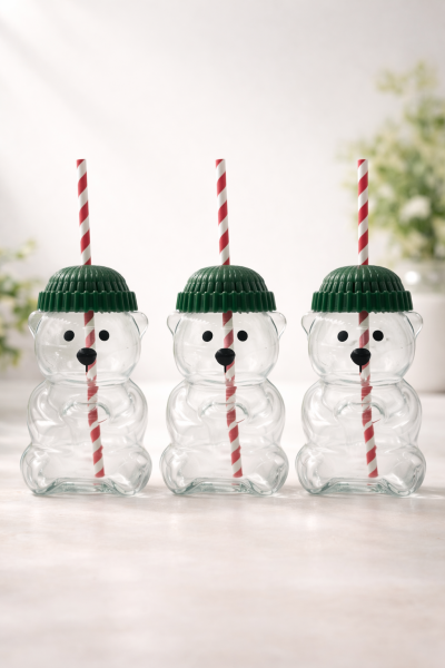 3'lü Barista Cam Soğuk İçecek Bardağı Sevimli Ayıcıklı Bardak 550 ml