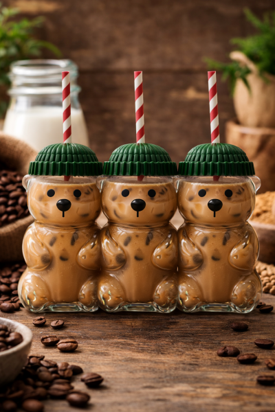 3'lü Barista Cam Soğuk İçecek Bardağı Sevimli Ayıcıklı Bardak 550 ml