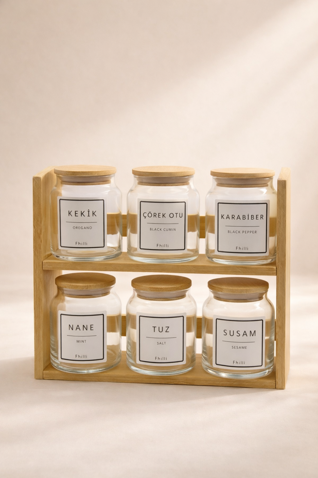 Prime - 2 Katlı 13 Parça Saklama Kabı Organizer Bambu Standlı Baharatlık Seti