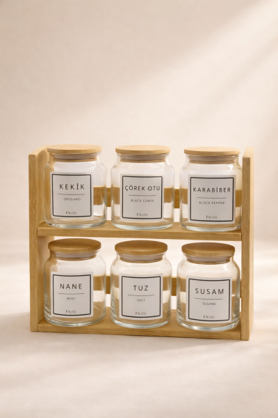 Prime - 2 Katlı 13 Parça Saklama Kabı Organizer Bambu Standlı Baharatlık Seti