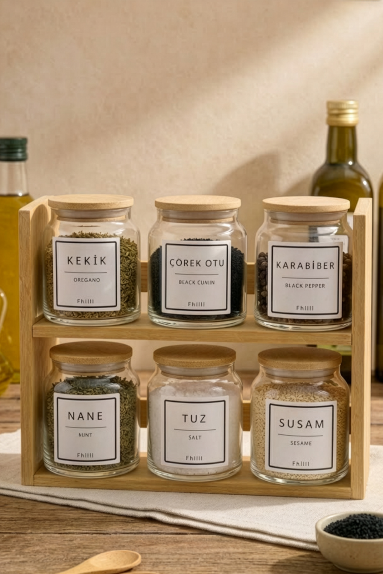 Prime - 2 Katlı 13 Parça Saklama Kabı Organizer Bambu Standlı Baharatlık Seti