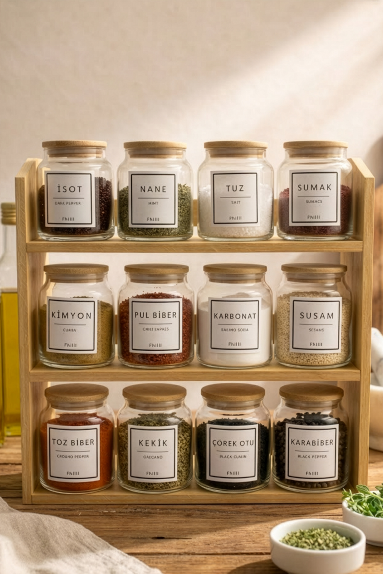 Prime - 3 Katlı 25 Parça Saklama Kabı Organizer Bambu Standlı Baharatlık Seti