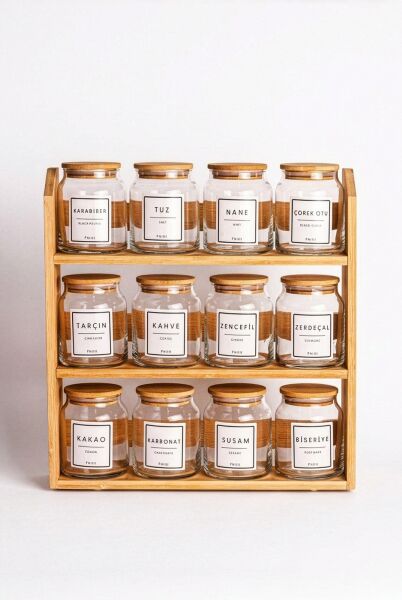 Prime - 3 Katlı 25 Parça Saklama Kabı Organizer Bambu Standlı Baharatlık Seti