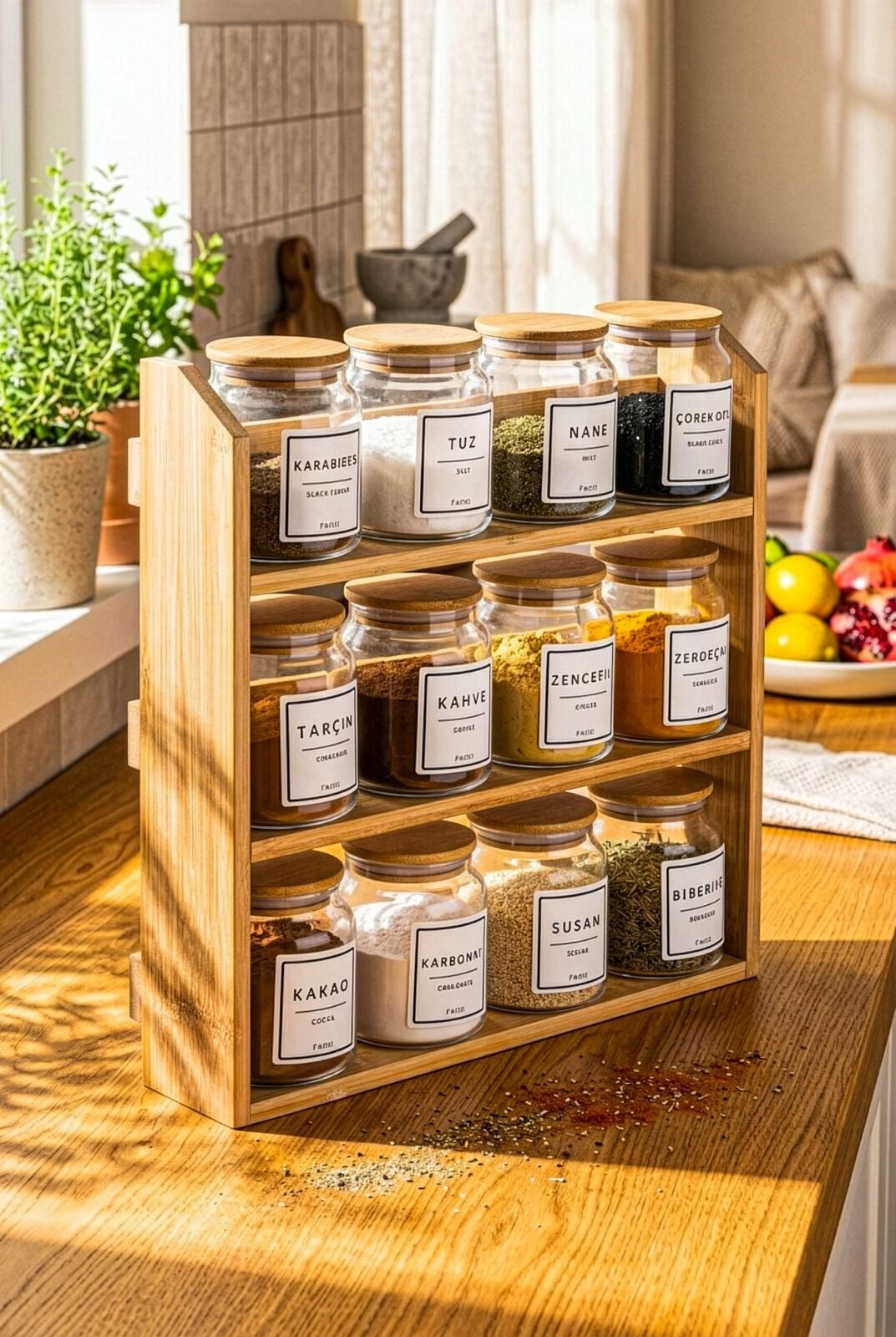 Prime - 3 Katlı 25 Parça Saklama Kabı Organizer Bambu Standlı Baharatlık Seti