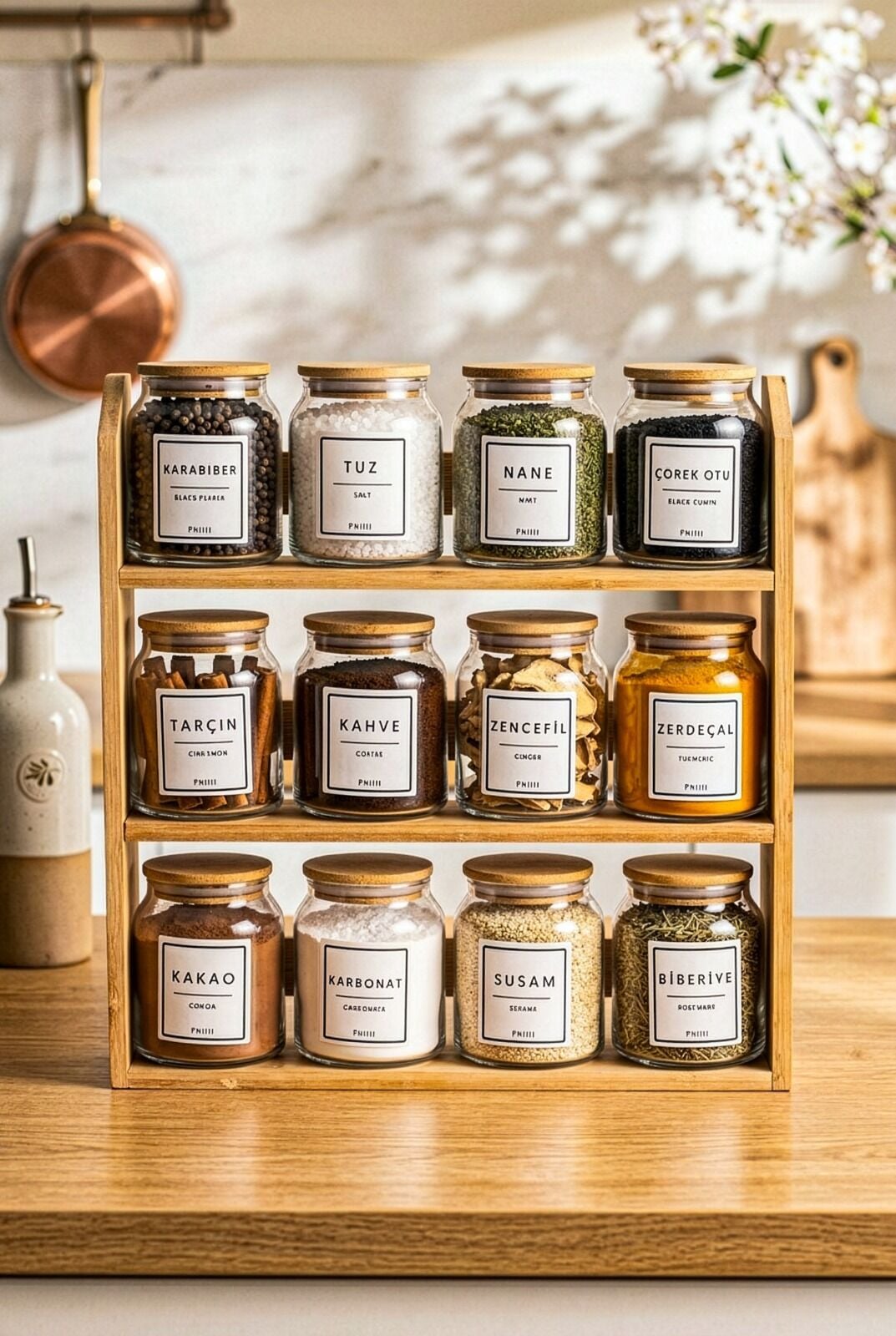 Prime - 3 Katlı 25 Parça Saklama Kabı Organizer Bambu Standlı Baharatlık Seti