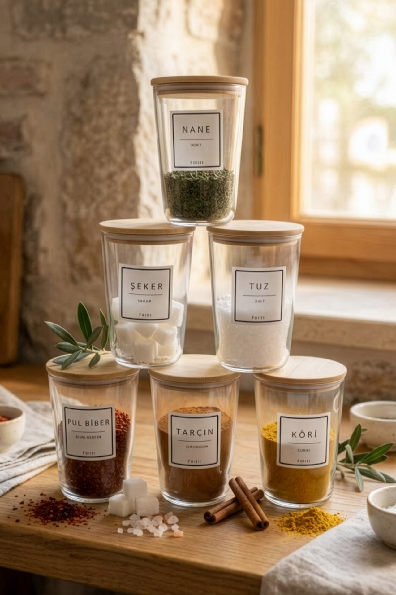 Motto Plus - 6'lı Bambu Vakum Kapaklı Etiketli Cam Saklama Kabı Baharatlık Seti 400 ml