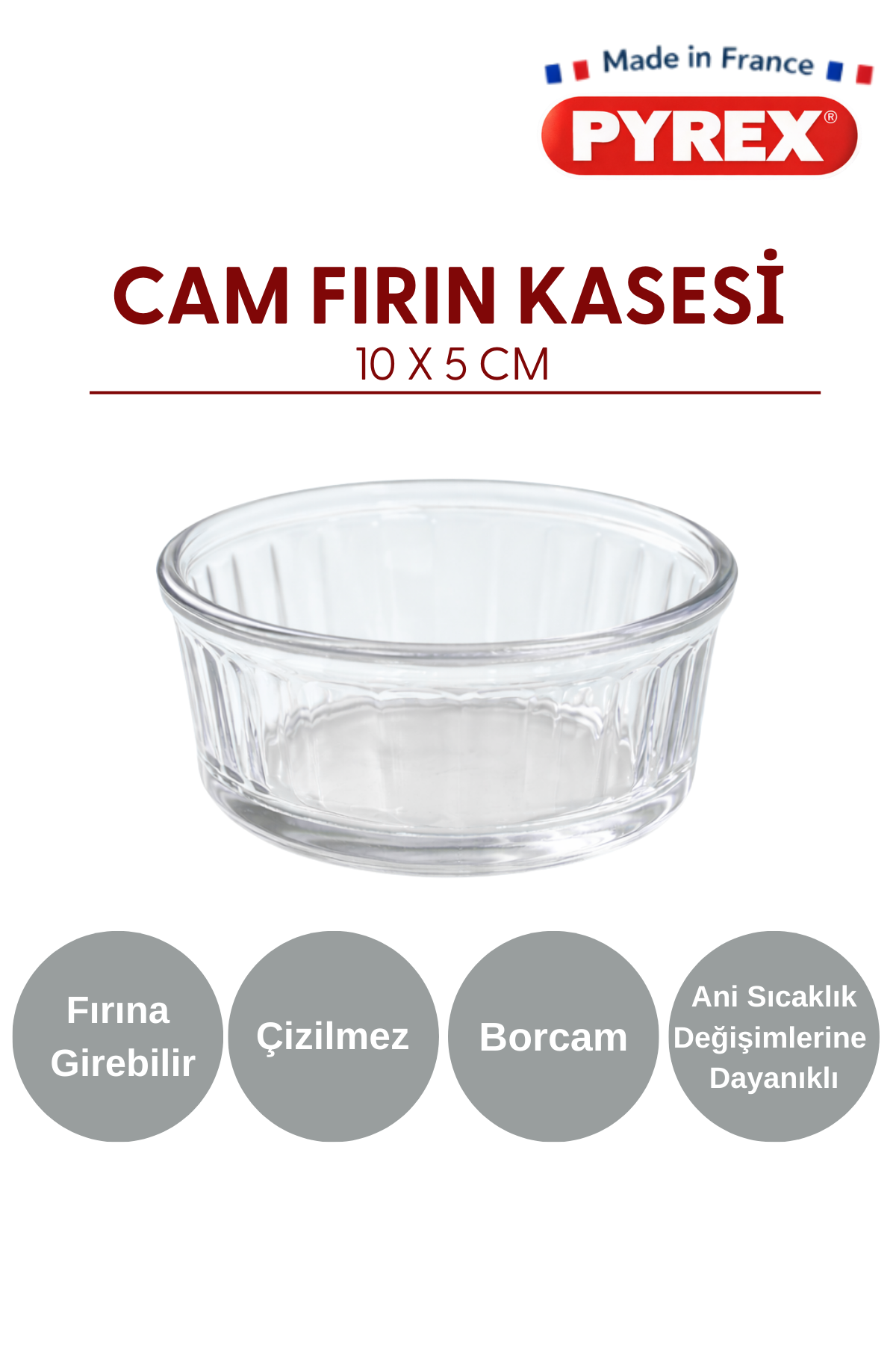Pyrex 12'li Isıya Dayanıklı Bor Cam Kase Çizilmez Fırın Sufle Kabı 250 ml