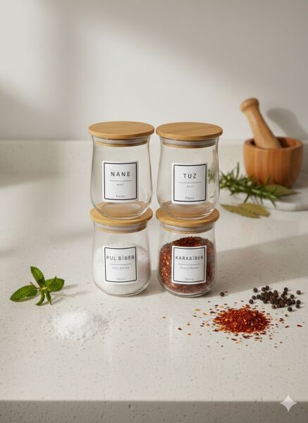 Aqua - Naturale 4'lü Bambu Kapaklı Baharatlık Seti 400 ml