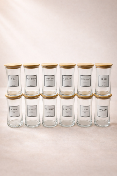 Mandel - 12'li Bambu Vakum Kapaklı Etiket Hediyeli Cam Saklama Kabı Baharatlık Seti 345 cc
