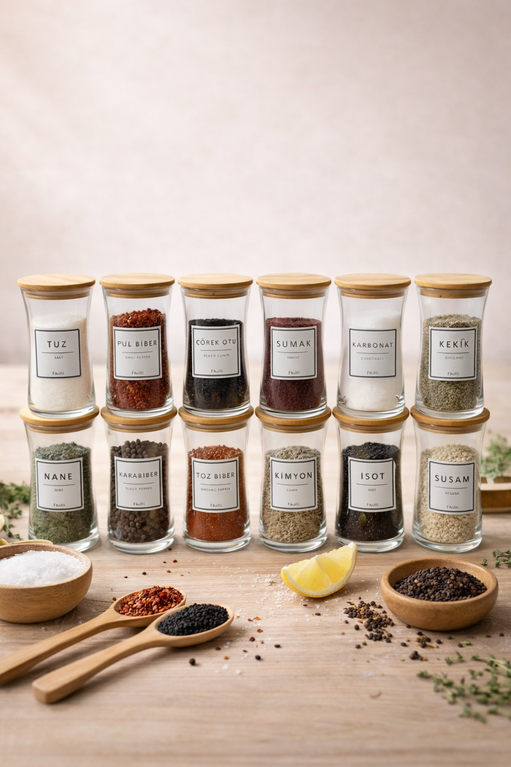 Mandel - 12'li Bambu Vakum Kapaklı Etiket Hediyeli Cam Saklama Kabı Baharatlık Seti 345 cc