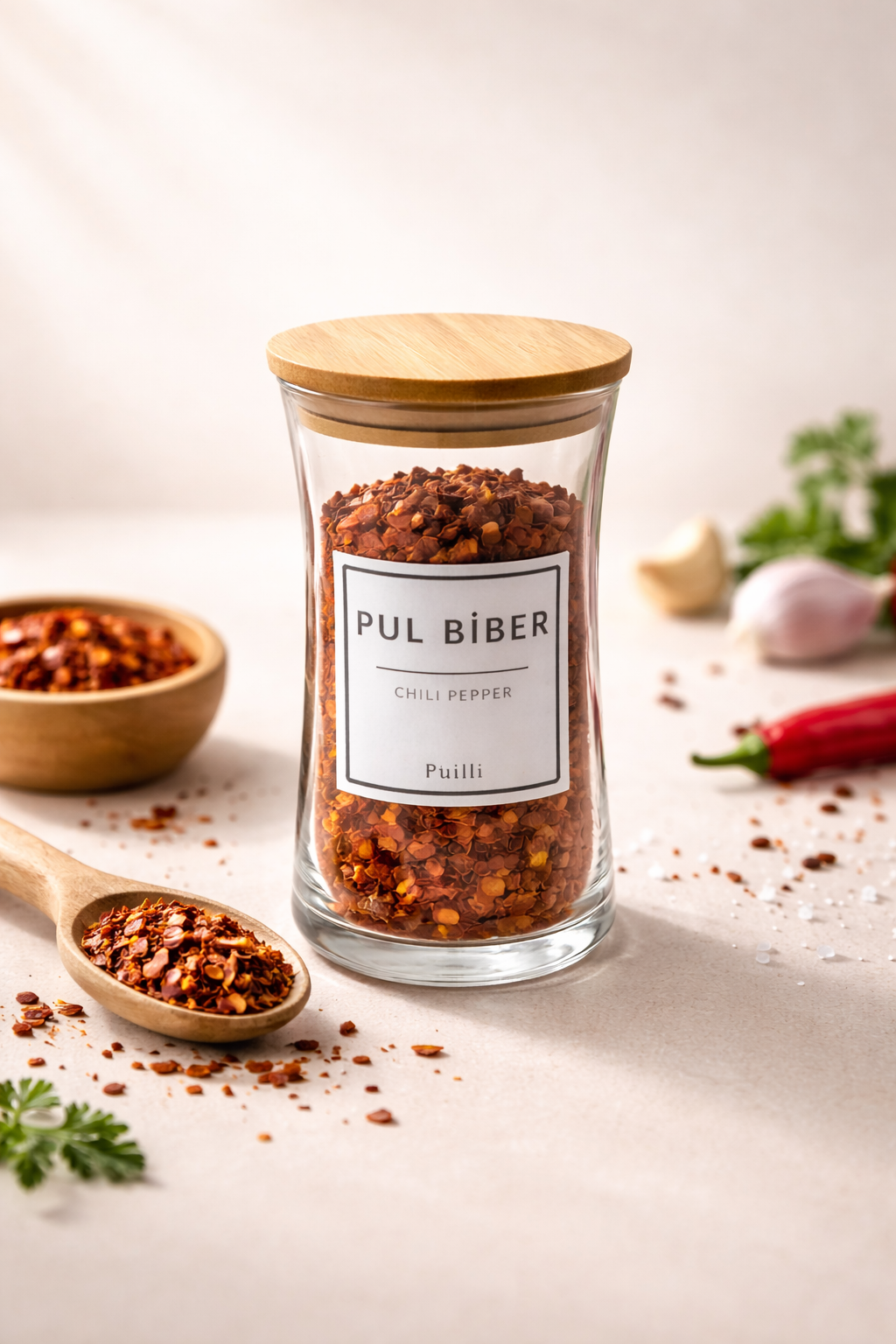 Mandel - 12'li Bambu Vakum Kapaklı Etiket Hediyeli Cam Saklama Kabı Baharatlık Seti 345 cc