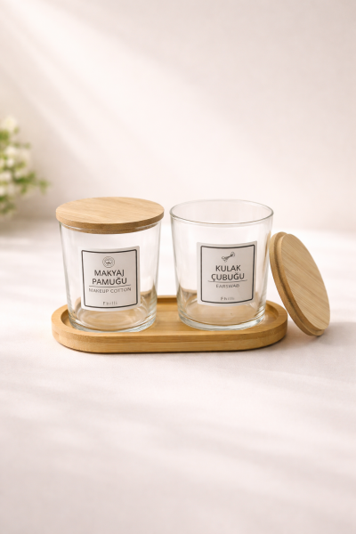 Carlin - 2'li Bambu Kapaklı Standlı Banyo Cam Kavanoz Seti Dekoratif Banyo Düzenleyici 350 cc