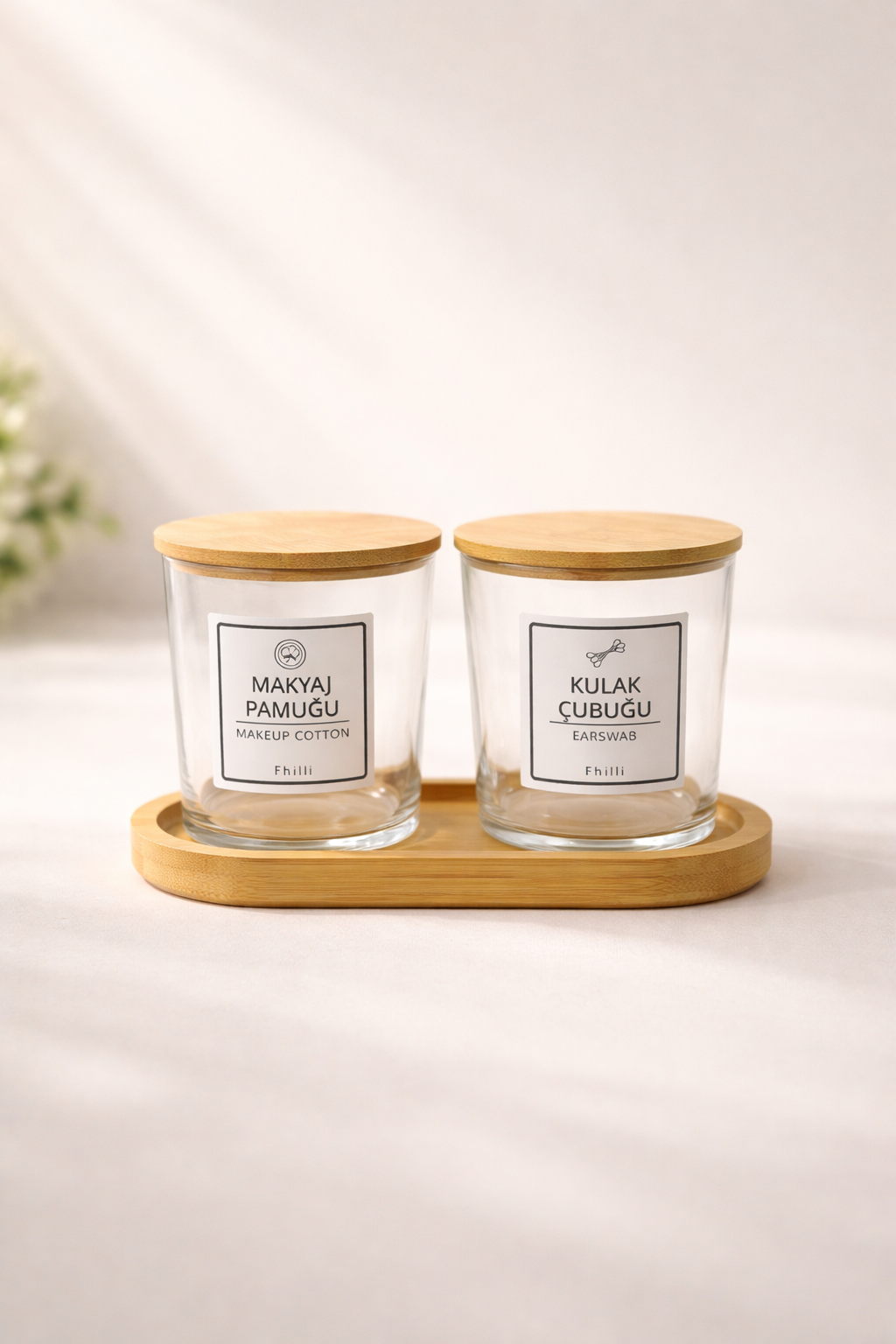 Carlin - 2'li Bambu Kapaklı Standlı Banyo Cam Kavanoz Seti Dekoratif Banyo Düzenleyici 350 cc