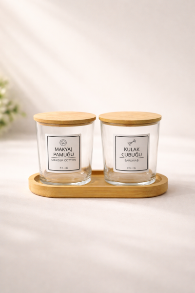 Carlin - 2'li Bambu Kapaklı Standlı Banyo Cam Kavanoz Seti Dekoratif Banyo Düzenleyici 350 cc