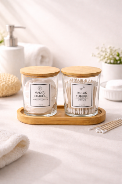 Carlin - 2'li Bambu Kapaklı Standlı Banyo Cam Kavanoz Seti Dekoratif Banyo Düzenleyici 350 cc