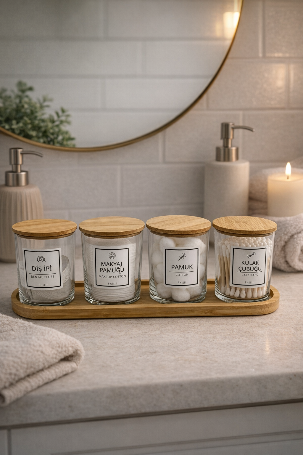 Carlin - 4'lü Bambu Kapaklı Standlı Banyo Cam Kavanoz Seti Dekoratif Banyo Düzenleyici 350 cc