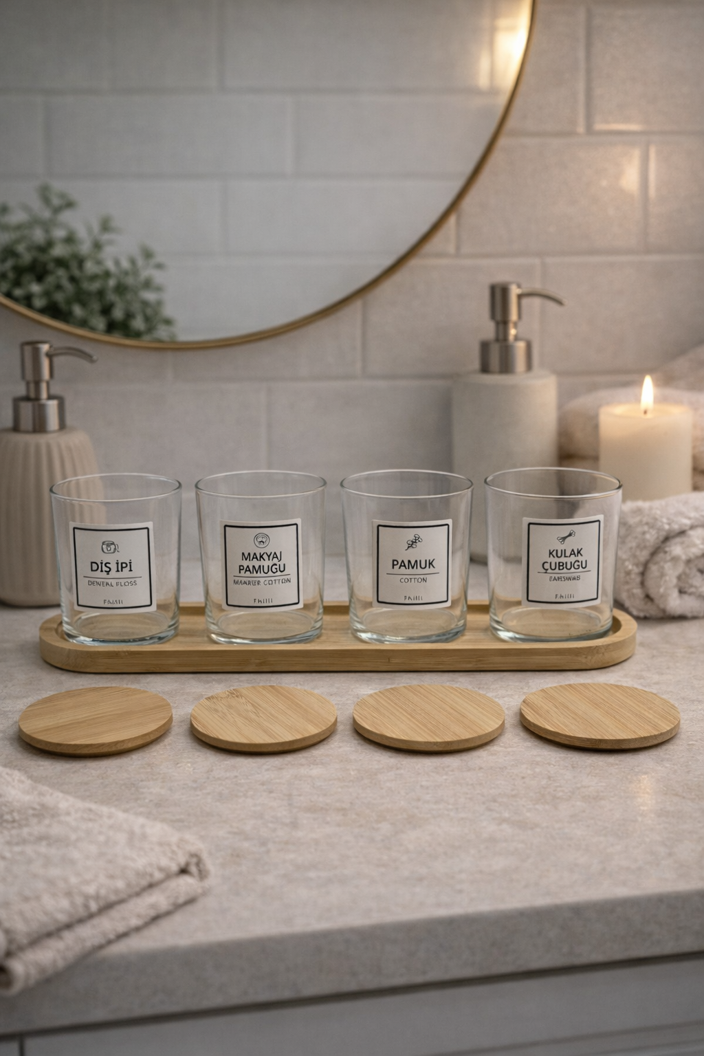 Carlin - 4'lü Bambu Kapaklı Standlı Banyo Cam Kavanoz Seti Dekoratif Banyo Düzenleyici 350 cc